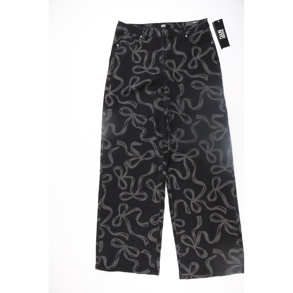 Madden NYC Jeans Ultra 90s Relaxed Wide Leg Black Bow Print Size 10 NWT